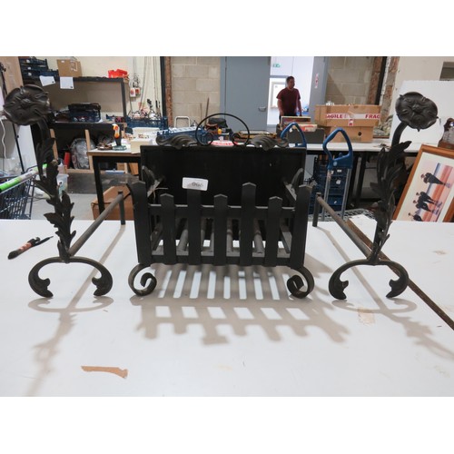 6 - WROUGHT IRON FIRE BASKET CRATE AND FIRE DOGS