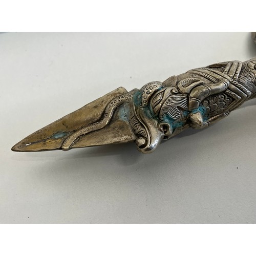 74 - ANTIQUE CHINESE SILVERED BRONZE PHURPA DAGGER 16