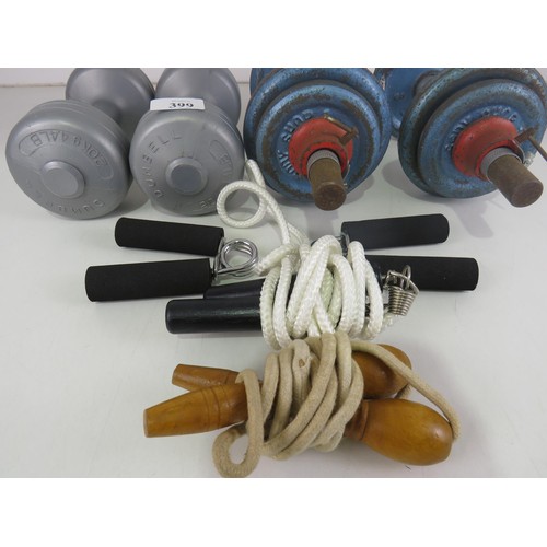 399 - SELECTION OF METAL AND PLASTIC WEIGHTS AND SKIPPING ROPES