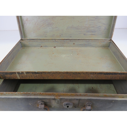 416 - METAL DEEP BOX FULL OF KEYS AND STRONGBOX WITH TRAY