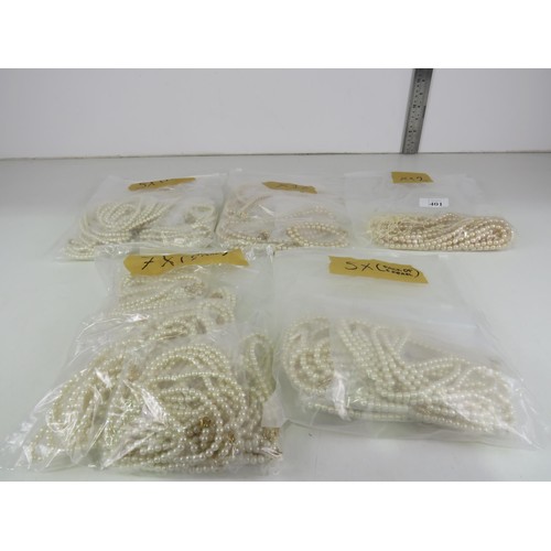 401 - FIVE BAGS OF FAUX PEARL NECKLACES