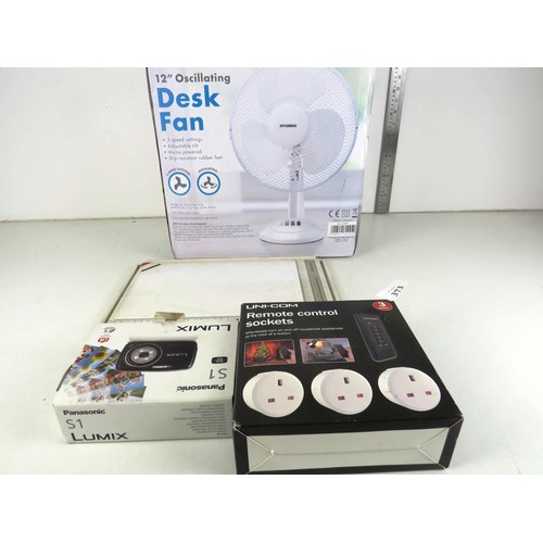 373 - BOXED DESK FAN, CAMERA ETC