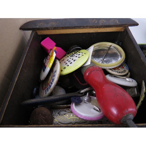 9 - BOX OF MISC ITEMS INC BADGES,COINS,WORKING SANDER ETC