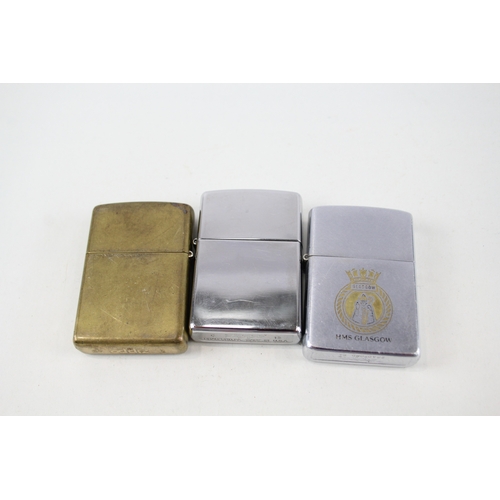 470 - 3 x Vintage Zippo Lighters Inc Stainless Brass & HMS Glasgow Falklands 1982