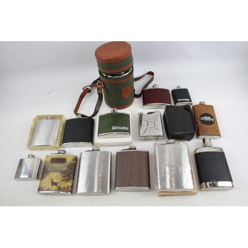 452 - Hip Flasks Real Leather Boxed Faux Skin Cased Breweriana Stainless Etc x 14