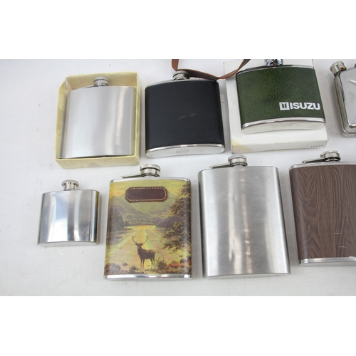 452 - Hip Flasks Real Leather Boxed Faux Skin Cased Breweriana Stainless Etc x 14