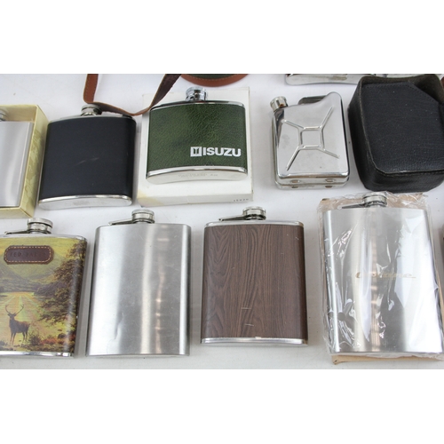 452 - Hip Flasks Real Leather Boxed Faux Skin Cased Breweriana Stainless Etc x 14