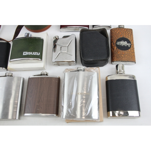 452 - Hip Flasks Real Leather Boxed Faux Skin Cased Breweriana Stainless Etc x 14