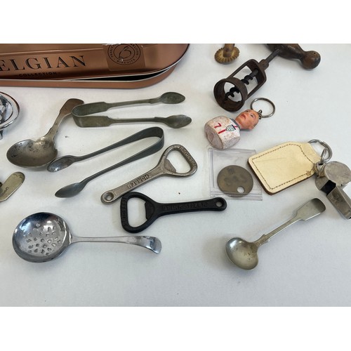 53 - TIN OF MISCELLANEOUS ITEMS INCLUDING BILLIONAIRE BELT BUCKLE, BOTTLE OPENER ETC