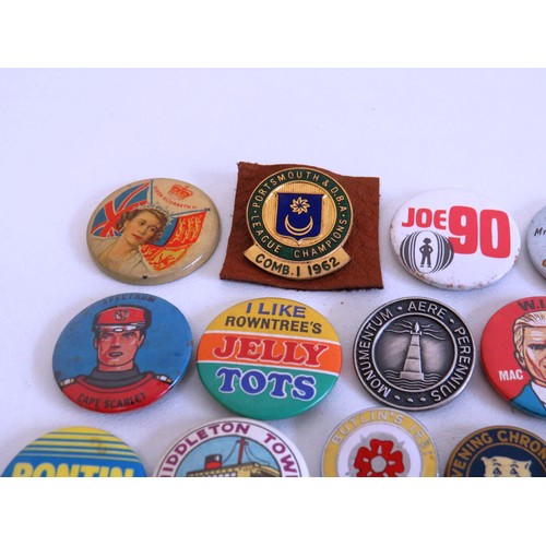 47 - 25 OLD PIN BADGES INCLUDING NUR, CAPAIN SCARLET, BUTLINS ETC