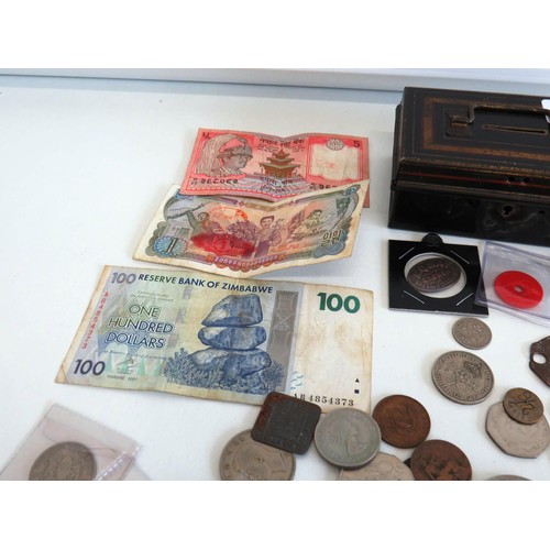 42 - VINTAGE TIN FULL OF VARIOUS COINS AND TOKENS ETC