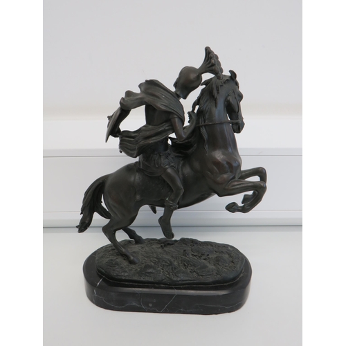 56 - A HOTCAST SIGNED BRONZE GLADIATOR ON HORSEBACK ON MARBLE BASE SIGNED BY GUILLAUME - FRENCH ARTIST BO... 