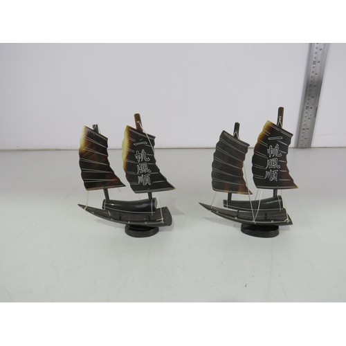 4 - Pair of Chinese carved buffalo horn sailing boat sculptures.