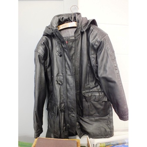 13 - Long black mens leather jacket - Size Medium