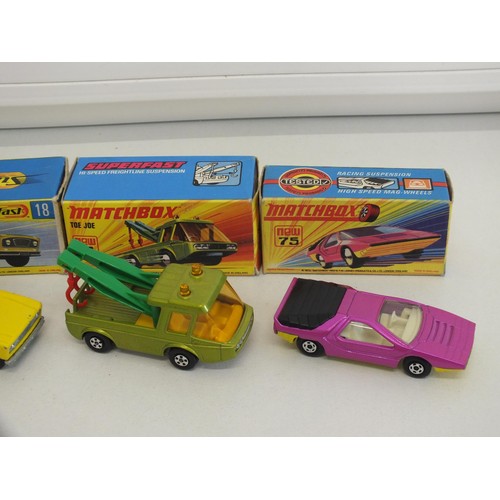 1 - Four vintage boxed matchbox diecast - 74 Toe Joe, 18 Field Car, 52 Dodge Charger and 75 Alfa Carabo.... 
