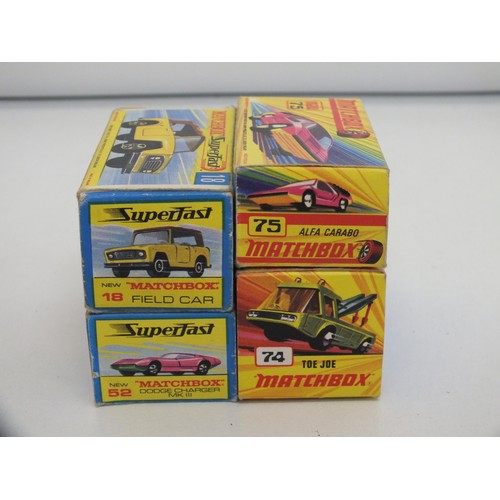 1 - Four vintage boxed matchbox diecast - 74 Toe Joe, 18 Field Car, 52 Dodge Charger and 75 Alfa Carabo.... 
