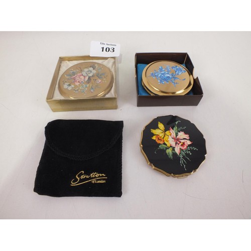 103 - Three powder compacts - Stratton in velvet pouch, Boots and boxed vintage Timothy White.