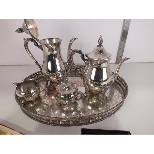 307 - Silver plated items including serving tray, coffee set etc.