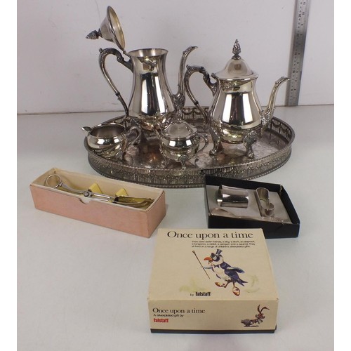 307 - Silver plated items including serving tray, coffee set etc.