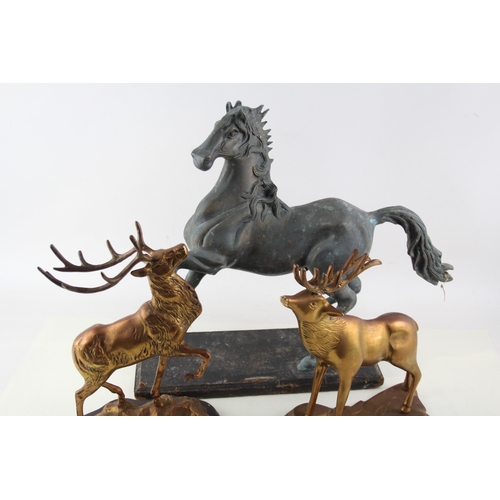 465 - Vintage Mixed Metal Large Horse Animal Figure & Brass Stag Statues x 3 11729g