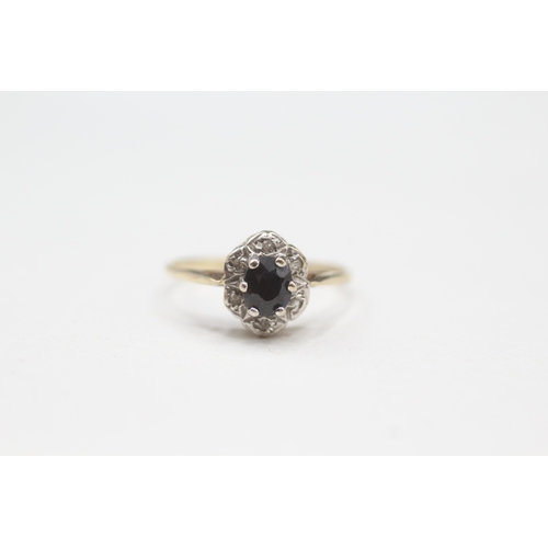 474 - 9ct gold sapphire and diamond halo ring (1.3g) size J 1/2.