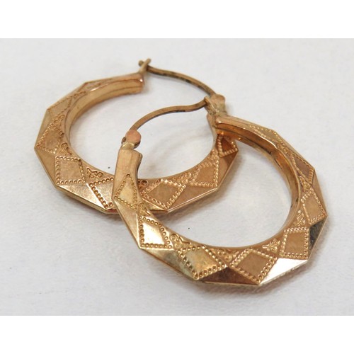 2 - Vintage 9ct Gold Creole Hoop Earrings, 1.7g.