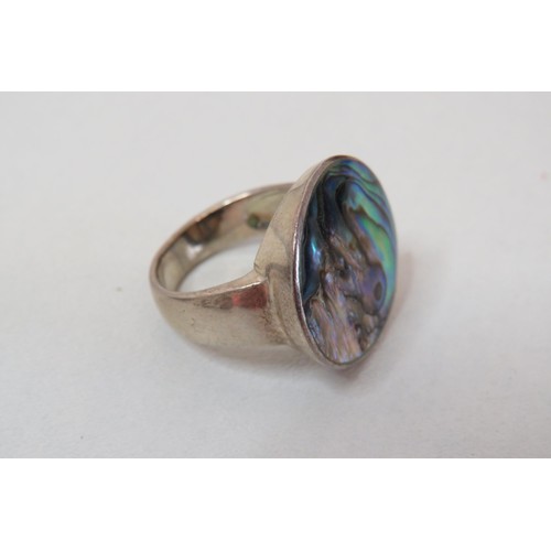 12 - Five Silver Gemstone rings including Abalone and rose Quartz.