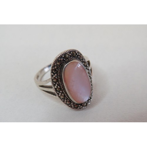 12 - Five Silver Gemstone rings including Abalone and rose Quartz.