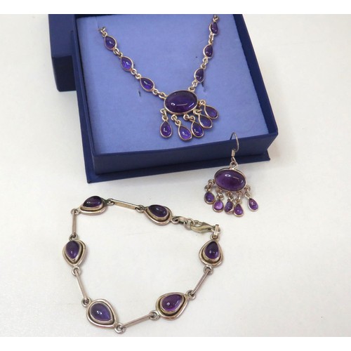 15 - 925 Silver & Amethyst Necklace, Bracelet and one earring - boxed.