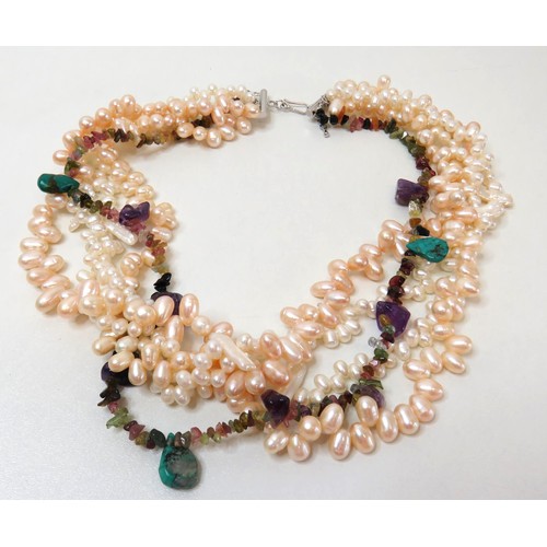 25 - Freshwater Pearl and Gemstone Multi strand necklace with 925 silver clasp.