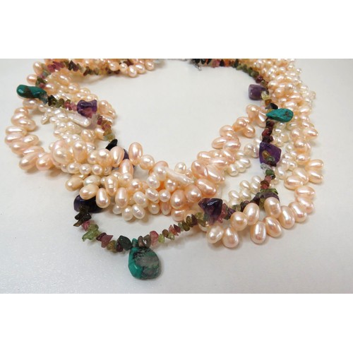 25 - Freshwater Pearl and Gemstone Multi strand necklace with 925 silver clasp.