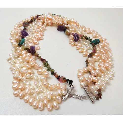 25 - Freshwater Pearl and Gemstone Multi strand necklace with 925 silver clasp.