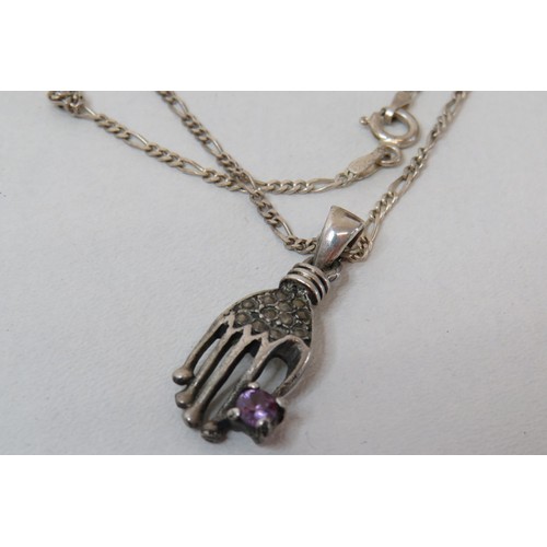 26 - 925 Silver, Marcasite & Amethyst hand pendant neckace, 20