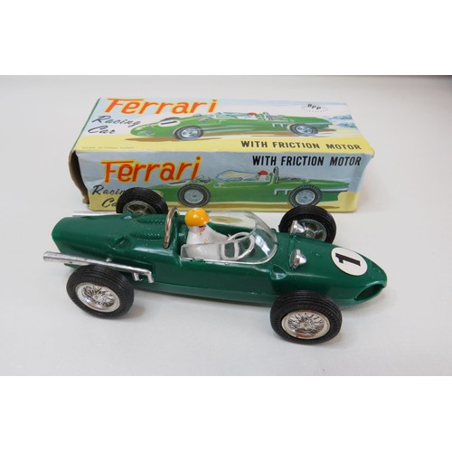 65 - 1960's Plastic Friction Ferrari toy racing car in original box.