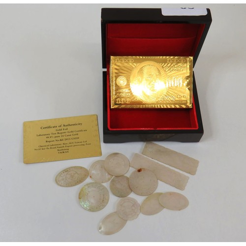 68 - 24ct Gold Foil playing cards with certificate and Veneered box and Mother of Pearl Chinese gaming to... 