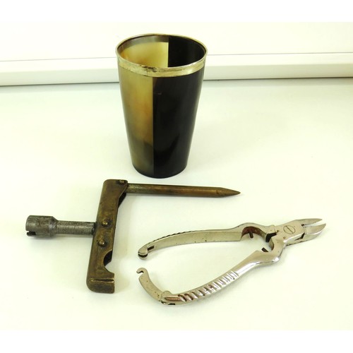 72 - Vintage Ox Horn Beaker, Coal Miners Shot Firer's tool and Chrome heavy duty clippers.