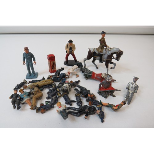 77 - Collection of assorted toy figures including Britains lead figures, phone box etc.