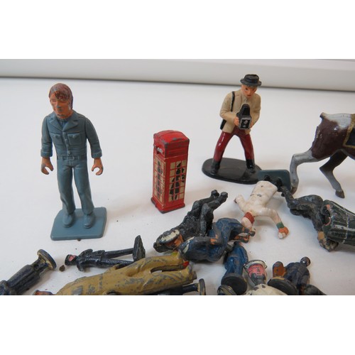 77 - Collection of assorted toy figures including Britains lead figures, phone box etc.