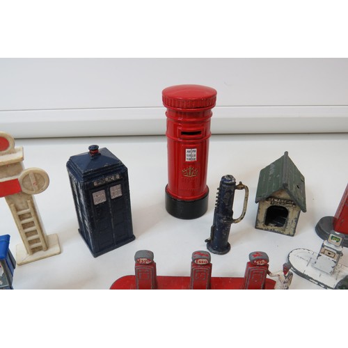 81 - Job lot of vintage lead toys including petrol pumps, Road signs, Police box etc.