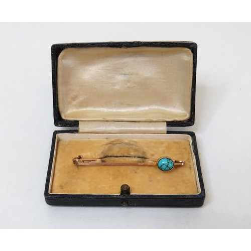 83 - Antique Edwardian 9ct Gold and Turquoise Stick Pin Brooch and box, weight 2.4g.