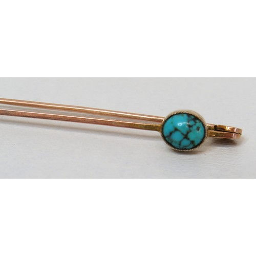 83 - Antique Edwardian 9ct Gold and Turquoise Stick Pin Brooch and box, weight 2.4g.