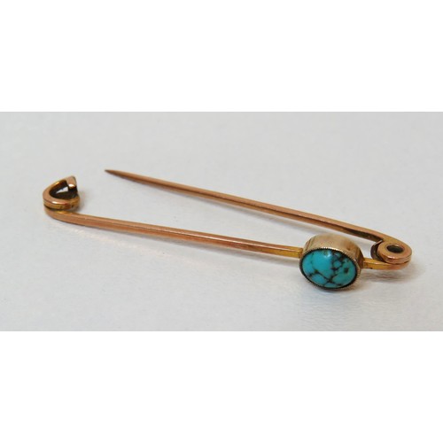 83 - Antique Edwardian 9ct Gold and Turquoise Stick Pin Brooch and box, weight 2.4g.