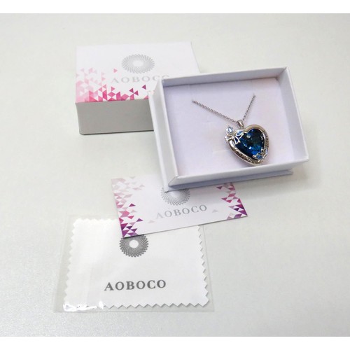 42 - Aoboco Silver and Blue crystal heart pendant necklace - as new in box.