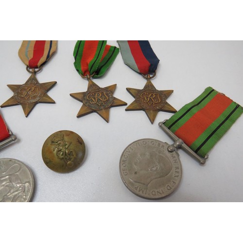 44 - Five WW2 Medal, Stars and Defence, buttons etc.