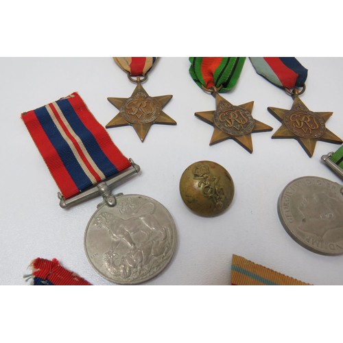 44 - Five WW2 Medal, Stars and Defence, buttons etc.