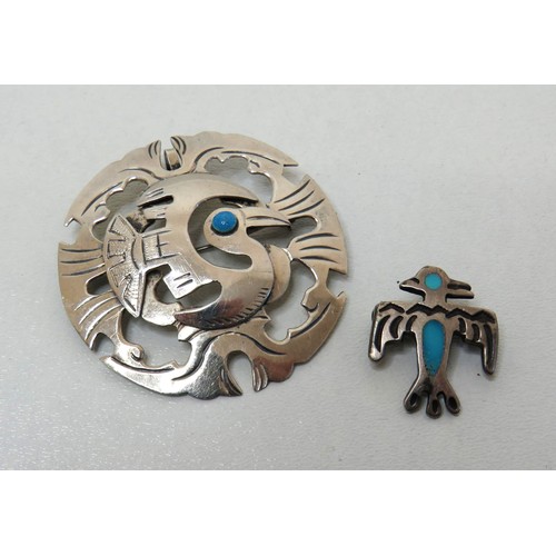 51 - Sterling Silver & Turquoise Signed Old Cuzco bird brooch and small silver & turquoise bird brooch.