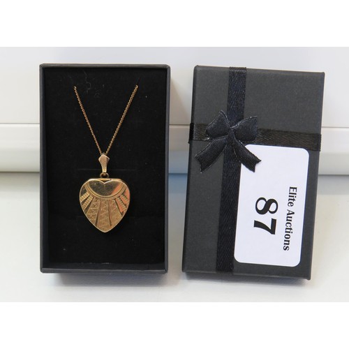 87 - Art Deco 9ct Gold back & front Etched heart locket pendant on 18