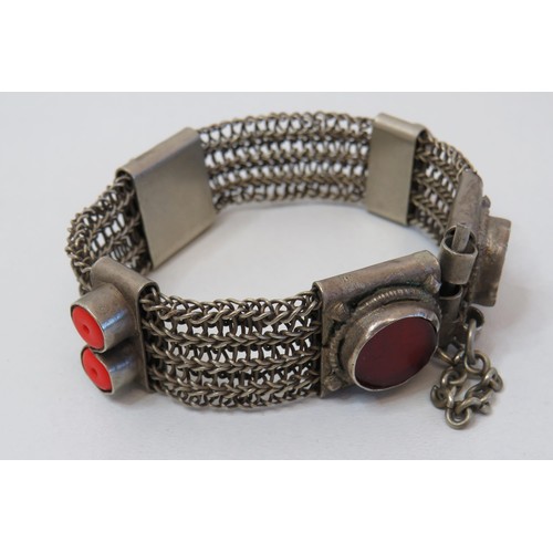 88 - Vintage White metal mesh Bedouin bracelet with red glass and orange cabochons with pin fastening cla... 