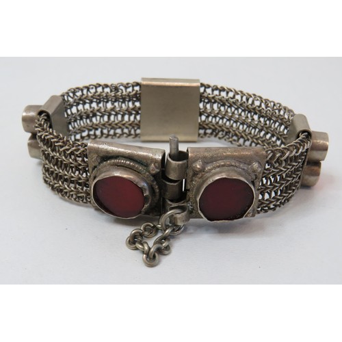 88 - Vintage White metal mesh Bedouin bracelet with red glass and orange cabochons with pin fastening cla... 