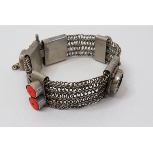 88 - Vintage White metal mesh Bedouin bracelet with red glass and orange cabochons with pin fastening cla... 